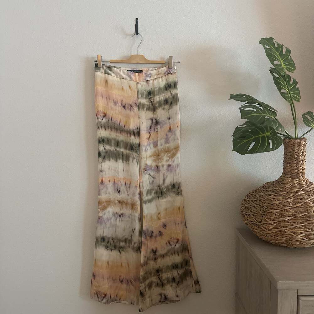 ZARA Tie Dye Flared Pants Orange Green Beige Boho Size XS
